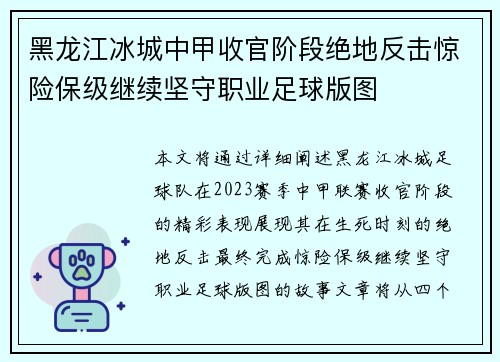 黑龙江冰城中甲收官阶段绝地反击惊险保级继续坚守职业足球版图